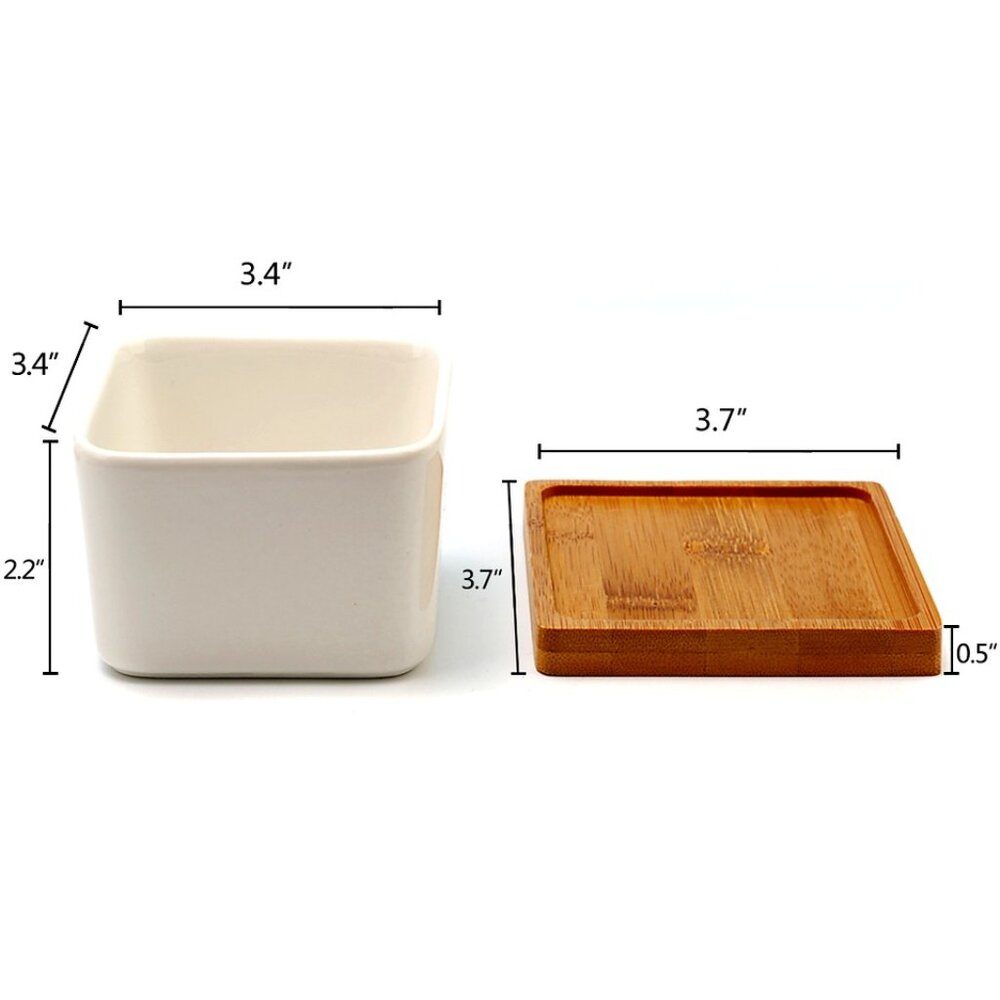 2 pc Set of small square pots;  w/drainage holes and bamboo saucer